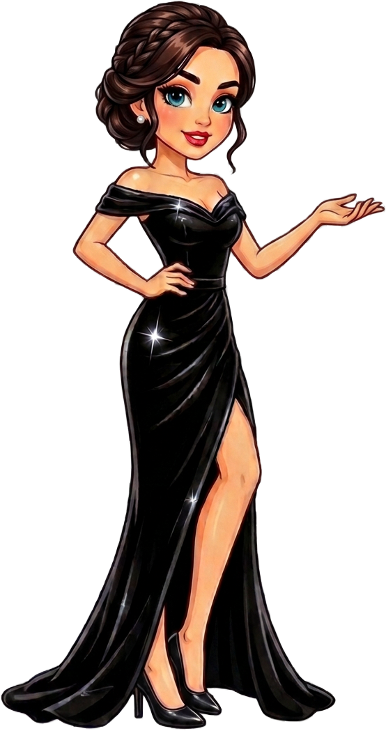 Cartoon agent in a black evening gown presenting the file folder