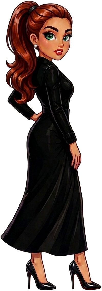 Cartoon spy agent with an auburn ponytail in a black dress and heels
